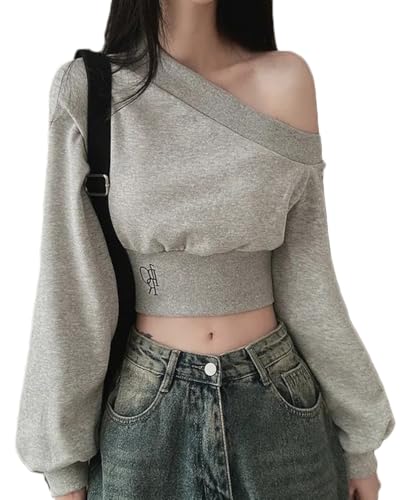 [ZHENGTU] CAIXINGYI レディース パーカー トレーナー 秋 冬 長袖 肩出し 無地 ショート丈 不規則 着痩せ シンプル へそ出し セクシー きれいめ エレガント カジュアル 普段着 部屋着 デート お出