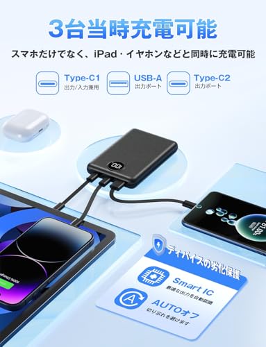 モバイルバッテリー 薄型 軽量 小型 20000mAh大容量 急速充電 3台同時充電 LED残量表示 PSE技術適合 低電流対応 Type-C入出力兼用&USB出力ポート搭載 安全設計＆多種保護 携帯充電器 iPad/iPhone/Android