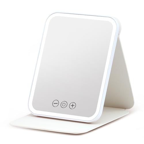 Hohoemi 鏡 ライト付き 卓上 ミラー led 3モード調色 明るさ調整 角度調節 折りたたみ コンパクト USB充電 持ち運びに便利 メイクミラー(ホワイト)