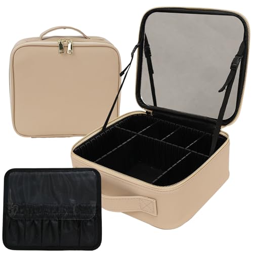 [MRG] 鏡付きメイクボックス オリジナルカラー 大容量 メイクボックス メイクポーチ コスメボックス 持ち運び 鏡付き プロ用 自立式 仕切り調整可能 メイク収納 卓上 コンパクト 化粧ポーチ