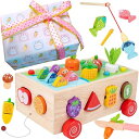 【女の子ラッピング】多機能モンテッソーリ知育玩具 - 木製型はめ・魚釣り・紐通し・おままごとセット | カラフルで片付け簡単 | 安全素材使用 |ラッピングコーディネーター監修 |popoma