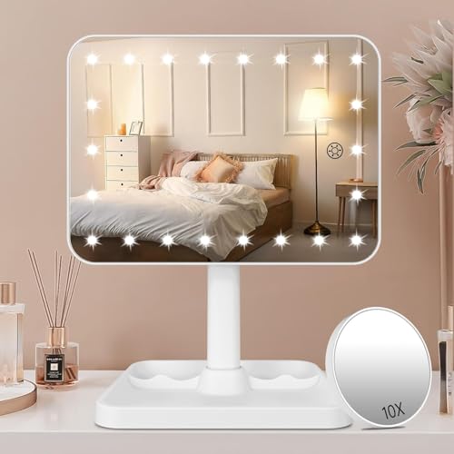 FASCINATE LED ライト付き 鏡 卓上 女優ミラー 充電式 1000mAh内蔵バッテリー 明るさ調整可能 360°角度調整 10倍拡大鏡付き ホワイト
