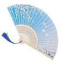 ZHIZHUO 扇子 夏 和風扇子 レディース 竹製工芸品扇子 猛暑対策 お祭り 人気 道具扇子 布 花火 和装 インテリア 着物 浴衣 花柄 小物 飾り (青...