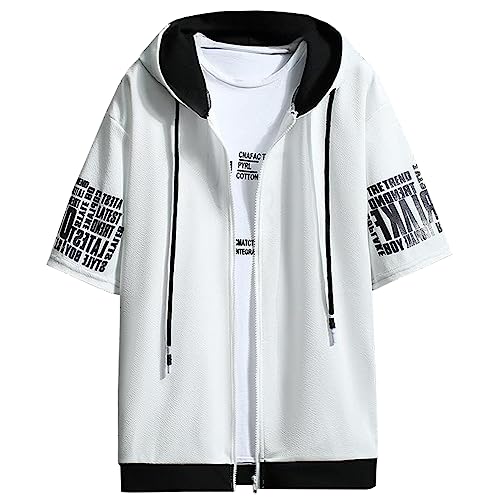 [KOTRBOY] メンズ パーカー半袖 夏服 メンズ- 無地 フード付き レイヤード シンプル おしゃれ 大きいサイズ スウェット プルオーバー ゆったり カジュアルおおきいサイズ 人気 服 メンズ white-3X