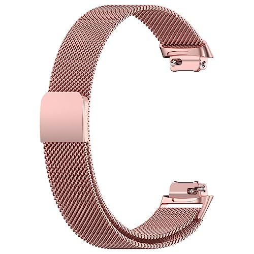 Fitbit用 Inspire 3用 ベルト フィットビット用 Inspire3用 交換バンド ステンレス製 金屬ベルト ミラネーゼループ 裝著簡単 7色可選 マグネットロック(ローズピンク)