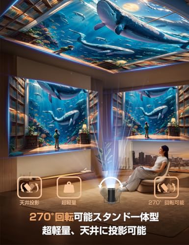 Happilaff プロジェクター 家庭用 小型 天井投影 ホームプロジェクター 【最新Android TV搭載 1080P・4K対応】 20000lm 270°回転 自動垂直台形補正 Wi-Fi6瞬間接続 Bluetooth5.3 HiFiスピーカー 内蔵 短距離投