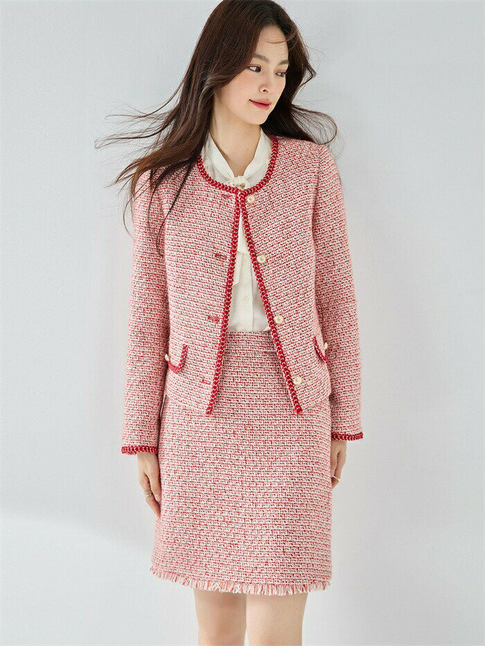 【期間限定!10%OFF発行中】セットアップ ツイードジャケット＋ツイードスカート 2点セット レディース セットアイテム 上下セット アウター ショート丈 ノーカラー ひざ丈スカート フレア 通勤 お出かけ 女子会 忘年会 披露宴 春秋 トップス 長袖