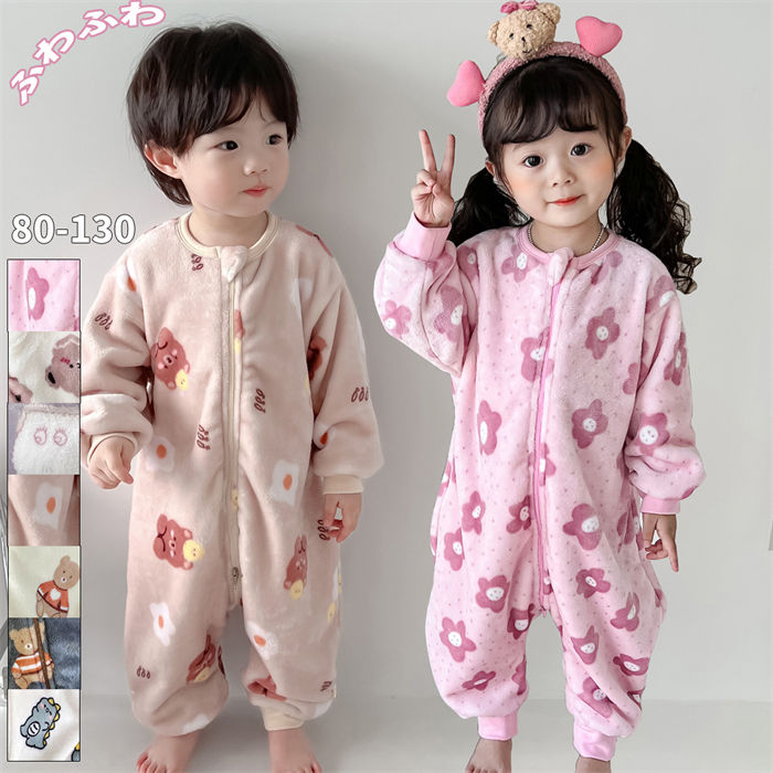 【期間限定!10%OFF発行中】ロンパース 前開き 長袖 女の子 男の子 冬 もこもこ 裏起毛 カバーオール 綿 つなぎ パジャマ キッズ ベビー 総柄 ファス...
