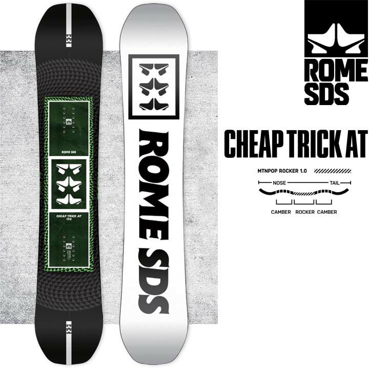 ブランド：ROME SDS ローム モデル：CHEAPTRICK AT チープトリックエーティー 形状：ダブルキャンバー シェイプ：ツインチップ ※レビューを記載いただける場合商品到着後のレビューの記載をお願い致します 注意事項：カタログ画像に関して、カラー・デザイン・仕様等は予告なく変更になる場合がございますので予めご了承下さい。 撮影環境・PC環境等によって画像の色が若干違う事がございます。 メーカー希望小売価格はメーカーカタログに基づいて掲載しています