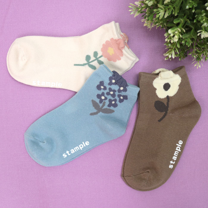 stample スタンプル ポップアップフラワーショートソックス 3足組　女の子 ソックス お花 フラワー キ..
