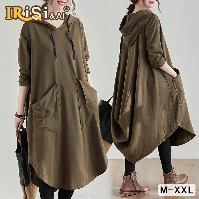 ワンピース 秋冬 きれいめ レディース ワンピース ゆったり ロング 体型カバー 大きいサイズ きれいめ ポケット付き Aライン 大人 コットン カジュアル ワンピ 長袖 春 ナチュラル シンプル 無地 30代 40代 送料無料