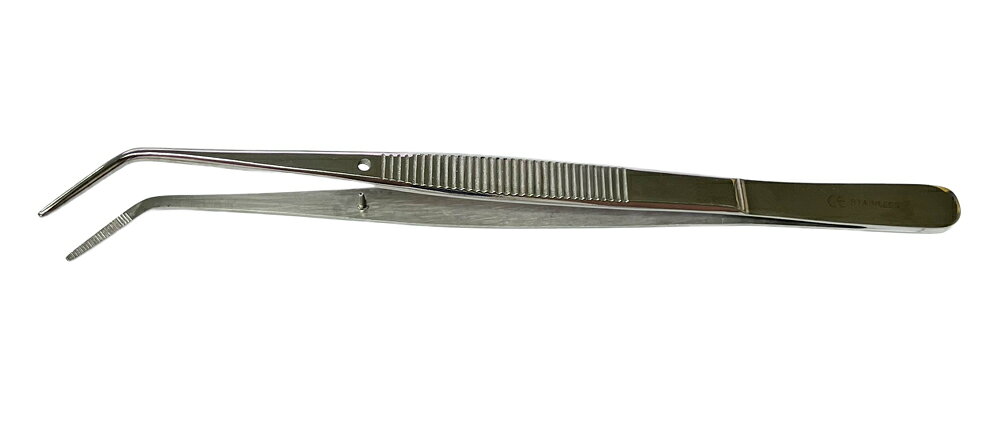 ドイツ・ピンセット・L型　ギザ有・先曲がり　全長：150mm/全幅8mm　TWEEZERS　Mad...