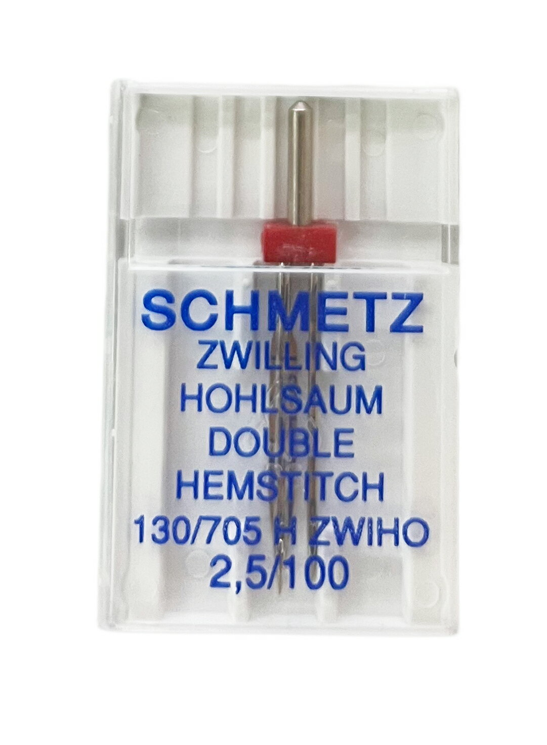 《SCHMETZ》※2本針（ZWI）・ダブルヘムステッチ / 16番（#100）幅2.5mm　シュメッツ　ドイツ製　家庭用ミシン針　130/705H ZWIHO 商品説明 ※こちらのページはシュメッツ・家庭用ミシン針　ダブルヘムステッチ（ヘムかがり）タイプの2本針となります。 必ずジグザグ縫いが可能なミシンでご使用ください。 ※ベルニナやハスクバーナ、JUKI、ブラザーなど一般的な家庭用ミシン（海外製・日本製）でお使い頂けますが、二本針の使用可能機種・不可機種が一部ございます。 旧タイプのミシンや年式違い等ミシンの機種が諸々ですので、使用ご不明な場合はお手持ちのミシン取り扱い説明書を必ずご覧頂きご使用可能かご確認ください。 ・信頼のドイツ・シュメッツ社製。 2本針を使うと2色の糸を同時に並行して縫い上げる事が可能です。 また一定間隔の幅でステッチを縫うことも可能。 へり縫い・トップステッチ・ 飾り縫いに。 ダブルヘムステッチニードルは、片側がウィングニードルと1本レギュラーニードルで構成されています。 密に織られた生地の装飾的なステッチにオススメです。 ※1包1本入り、個別販売です。 下記種類よりご希望に合わせた針をお選びください。 ※※縫う模様や種類・目の長さ・生地を重ねる枚数等それぞれの環境によって異なります。 実際に縫い上げる際と同じ環境にて必ず事前に試し縫いをしてください。 ※配送・お支払方法等の詳細はコチラをクリックしてください。