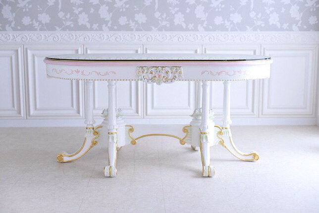 ダイニングテーブル 姫系 アンティーク エレガント ダイニング5点セット 4人 木製 北欧 アントワネット 160 オーバルダイニングテーブル イタリア製チェアー ガラス天板 [2]