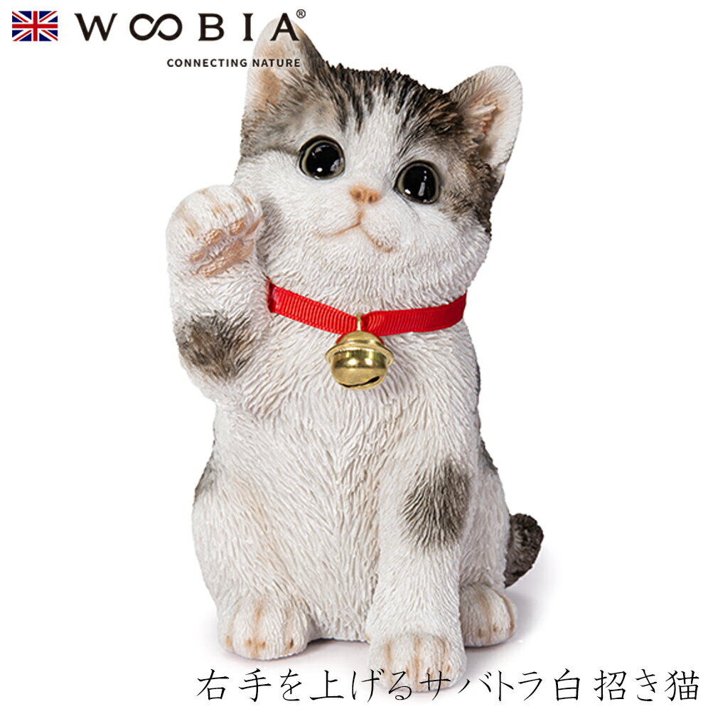 【Woobia（ウービア）】【右手を上げるサバトラ白招き猫】 (幅12.5cm×奥行10cm×高さ1