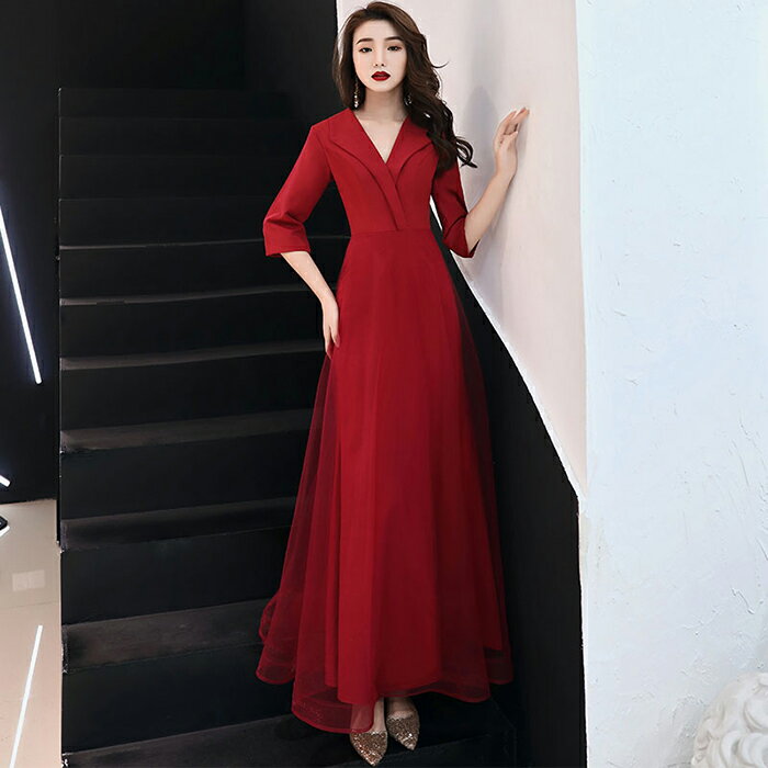 ウェディングドレス ウエディングドレス カラードレス パーティードレス 演奏会 発表会 イブニングドレス フォーマルドレス カクテルドレス コンサート コンクール レッド 6分袖 ファスナー Vネック 結婚式 二次会 披露宴 花嫁 前撮り 後撮り ブライダル 袖あり