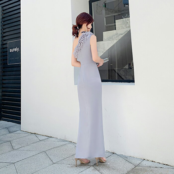 ウェディングドレス ウエディングドレス カラードレス パーティードレス イブニングドレス フォーマル カクテルドレス コンサート マーメイドドレス マーメイドラインドレス グレー ワンショルダー スリット ファスナー 演奏会 発表会 結婚式 二次会 花嫁 前撮り 後撮り