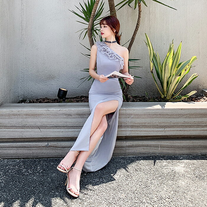 ウェディングドレス ウエディングドレス カラードレス パーティードレス イブニングドレス フォーマル カクテルドレス コンサート マーメイドドレス マーメイドラインドレス グレー ワンショルダー スリット ファスナー 演奏会 発表会 結婚式 二次会 花嫁 前撮り 後撮り