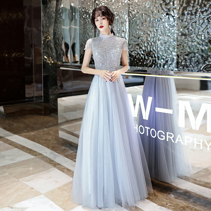 ウェディングドレス ウエディングドレス カラードレス パーティードレス 演奏会 発表会 イブニングドレス フォーマルドレス カクテルドレス コンサート コンクール 半袖 グレー ハイネック 編み上げ 結婚式 二次会 披露宴 花嫁 前撮り 後撮り ブライダル 袖あり