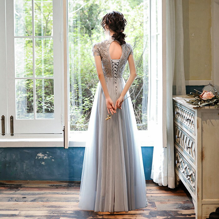 ウェディングドレス ウエディングドレス カラードレス パーティードレス 演奏会 発表会 イブニングドレス フォーマルドレス カクテルドレス コンサート コンクール 半袖 グレー ハイネック 編み上げ 結婚式 二次会 披露宴 花嫁 前撮り 後撮り ブライダル 袖あり