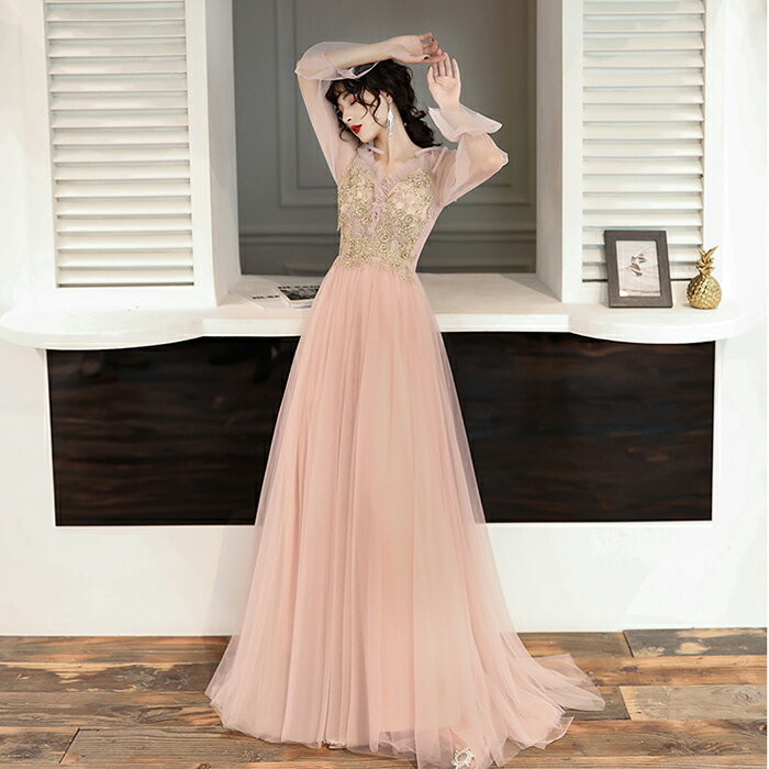 ウェディングドレス ウエディングドレス カラードレス パーティードレス 演奏会 発表会ドレス イブニングドレス フォーマル カクテルドレス コンサート コンクール ピンク 長袖 ロングスリーブ チュール キャミソール 結婚式 二次会 披露宴 花嫁 前撮り 後撮り