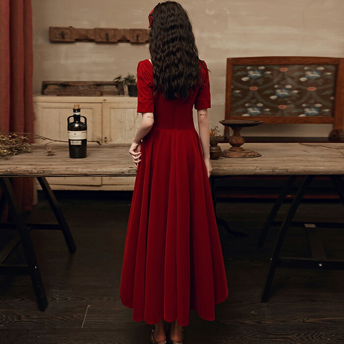 ウェディングドレス ウエディングドレス カラードレス パーティードレス 演奏会 発表会 イブニングドレス フォーマル カクテルドレス コンサート コンクール レッド ベルベット 半袖 マキシ丈ドレス 結婚式 二次会 披露宴 花嫁 前撮り 後撮り ブライダル 袖あり