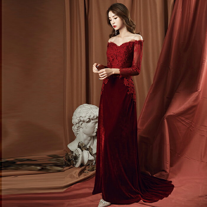 ウエディングドレス カラードレス パーティードレス 演奏会 発表会 イブニングドレス ウェディングドレス カクテルドレス ワインレッド ベルベット オフショルダー レース 長袖 ロングスリーブ 結婚式 二次会 披露宴 コンサート 花嫁 前撮り 後撮り ブライダル 袖あり