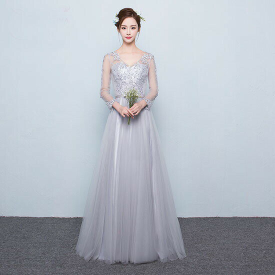 ウェディングドレス ウエディングドレス Aラインドレス パーティードレス カラードレス カクテルドレス 発表会ドレス 演奏会 ロングドレス フォーマル イブニングドレス グレー 長袖 ロングスリーブ Vネック ファスナー 結婚式 二次会 披露宴 コンサート 花嫁