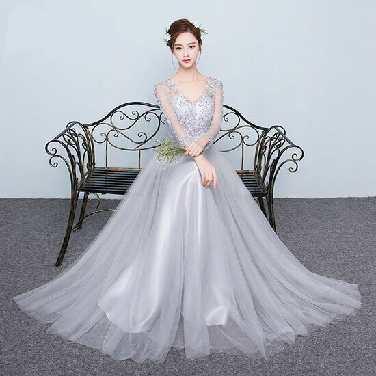 ウェディングドレス ウエディングドレス Aラインドレス パーティードレス カラードレス カクテルドレス 発表会ドレス 演奏会 ロングドレス フォーマル イブニングドレス グレー 長袖 ロングスリーブ Vネック ファスナー 結婚式 二次会 披露宴 コンサート 花嫁