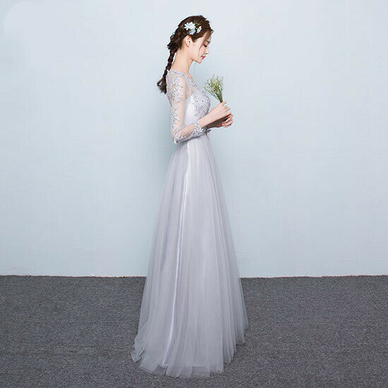 ウェディングドレス ウエディングドレス Aラインドレス パーティードレス カラードレス カクテルドレス 発表会ドレス 演奏会 ロングドレス フォーマル イブニングドレス グレー 長袖 ロングスリーブ Vネック ファスナー 結婚式 二次会 披露宴 コンサート 花嫁