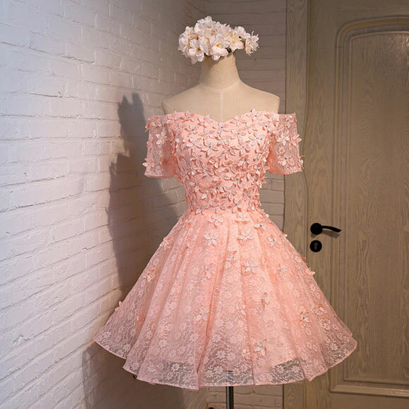 ウェディングドレス ウエディングドレス Aラインドレス パーティードレス カラードレス 発表会ドレス 演奏会 ミニドレス フォーマル 膝上丈 演出 結婚式 二次会ドレス オフショルダー 編み上げ フラワー ピンク イブニングドレス 披露宴 コンサート 花嫁 カクテルドレス