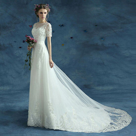 ウェディングドレス オフホワイト Aラインドレス 結婚式 ウエディングドレス ウェディングドレス 二次会ドレス 半袖 花嫁 海外挙式 披露宴 ブライダルドレス トレーン ロングドレス wedding dress 前撮り 海外挙式 エレガント クラシック 上品 シンプル セミオーダー