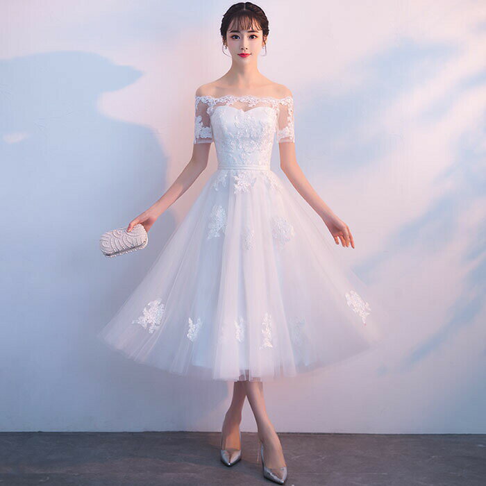ミモレ丈ドレス オフホワイト オフショルダー ウエディングドレス ウェディングドレス ブライダルドレス wedding dress 結婚式 花嫁 ウェディングドレス 披露宴 ワンピース 白 オフホワイト セミオーダー 前撮り 海外挙式 エレガント クラシック 上品 シンプル セミオーダー
