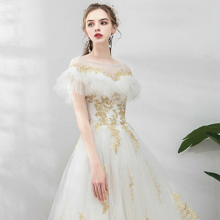 ロングドレス ウエディングドレス ウェディングドレス ブライダルドレス ウェディングドレス wedding dress 結婚式 花嫁 二次会ドレス 前撮り 披露宴 編み上げ ゴールド オフホワイト 前撮り 海外挙式 エレガント クラシック 上品 シンプル セミオーダー