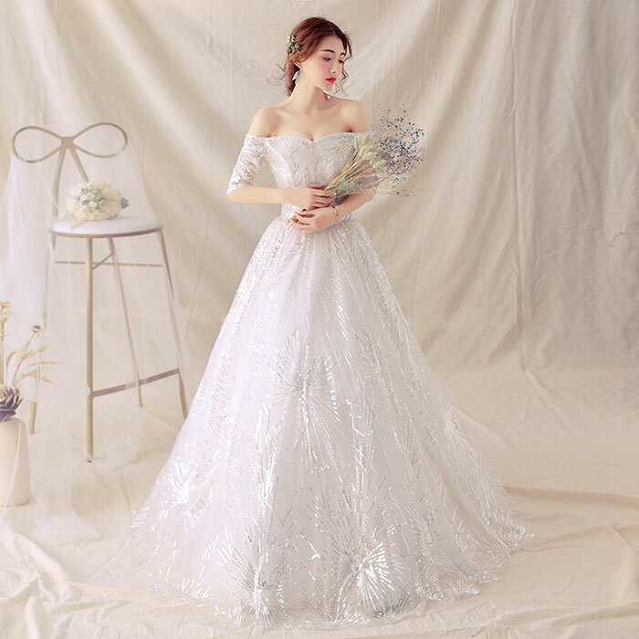 ウエディングドレス ウェディングドレス ブライダルドレス 結婚式 ロングドレス ウェディングドレス wedding dress 花嫁 二次会ドレス 海外挙式 上品 オフショルダー 5分袖 披露宴 編み上げ 前撮り 海外挙式 エレガント クラシック 上品 シンプル セミオーダー