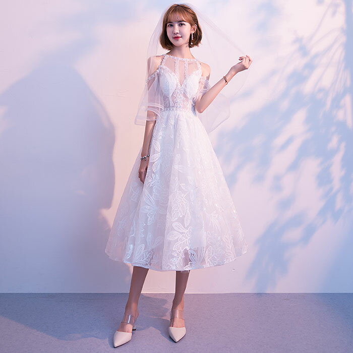 ミモレ丈ドレス ウエディングドレス ウェディングドレス ブライダルドレス 白 オフホワイト 結婚式 花嫁 ウェディングドレス 二次会ドレス 前撮り 袖あり ワンピース 透かし ファスナー パーティードレス 前撮り 海外挙式 エレガント クラシック 上品 シンプル セミオーダー