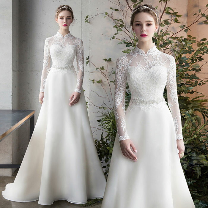 ウエディングドレス ウェディングドレス 結婚式 海外挙式 花嫁 二次会ドレス ロングドレス ブライダルドレス wedding dress 白 オフホワイト オフホワイト 長袖 レース 立ち襟 ファスナー シンプルドレス 前撮り 海外挙式 エレガント クラシック 上品 シンプル セミオーダー