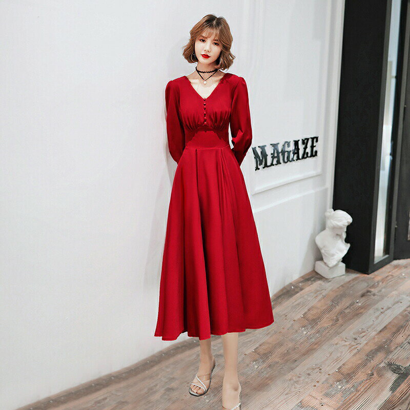 ウェディングドレス ウエディングドレス Aラインドレス パーティードレス カラードレス カクテルドレス 発表会ドレス 演奏会 ミモレ丈ドレス フォーマル イブニングドレス 赤 ベルベット 長袖 ロングスリーブ Vネック 結婚式 二次会 披露宴 コンサート 花嫁