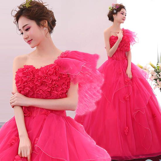 ウエディングドレス 結婚式 カラードレス 花嫁 二次会ドレス プリンセス ウェディングドレス ワンショルダー ブライダル 発表会ドレス ロングドレス ステージドレス 舞台衣装 演奏会 ローズピンク パーティードレス イブニングドレス 披露宴 コンサート カクテルドレス