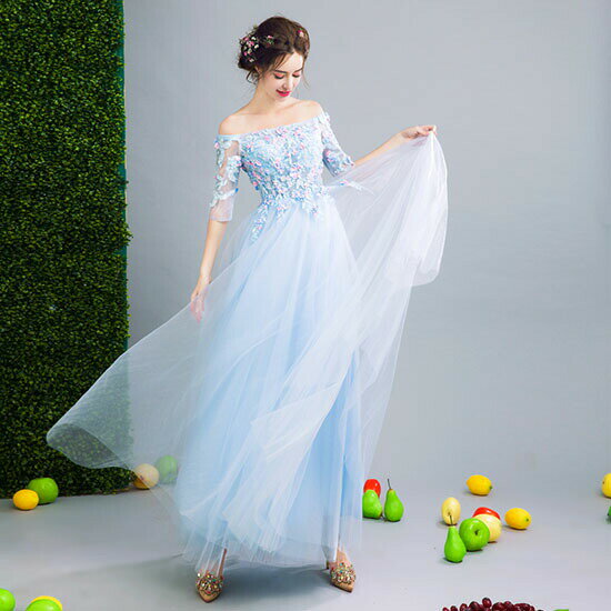 ウエディングドレス ウェディングドレス カラードレス 水色 袖あり 演奏会 結婚式 発表会ドレス ロングドレス オフショルダー 披露宴 ウェディング プリンセス 二次会ドレス ステージドレス 結婚式 パーティードレス イブニングドレス コンサート 花嫁 カクテルドレス