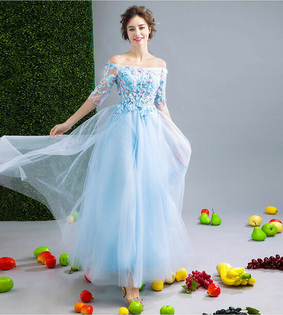 ウエディングドレス ウェディングドレス カラードレス 水色 袖あり 演奏会 結婚式 発表会ドレス ロングドレス オフショルダー 披露宴 ウェディング プリンセス 二次会ドレス ステージドレス 結婚式 パーティードレス イブニングドレス コンサート 花嫁 カクテルドレス