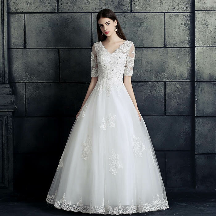 ウエディングドレス 花嫁 プリンセスラインドレス ウェディングドレス 結婚式 二次会ドレス ブライダル 袖あり ロングドレス 披露宴 5分袖 床付き オフホワイト 編み上げ 前撮り 海外挙式 エレガント ボリューム プリンセスラインウェディングドレス 上品 セミオーダー