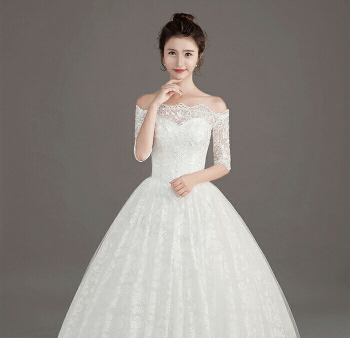 プリンセスラインドレス ウエディングドレス 結婚式 オフショルダー 5分袖 ウェディングドレス オフホワイト 花柄 披露宴 二次会ドレス 編み上げ 床付き レース ブライダル 前撮り 海外挙式 エレガント ボリューム プリンセスラインウエディングドレス 上品 セミオーダー