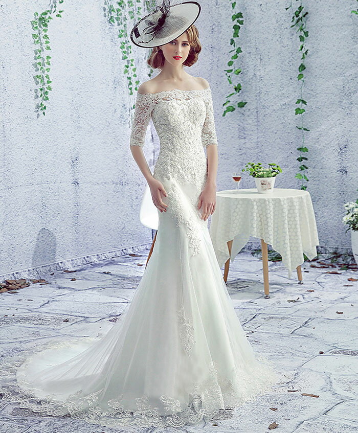 マーメイドドレス マーメイドラインドレス ウェディングドレス オフショルダー 花嫁 結婚式 マーメードライン ウエディングドレス ロングドレス 二次会ドレス ブライダル 披露宴 5分袖 前撮り 海外挙式 エレガント 細身 小さいサイズ セクシー オーダーメイド可能