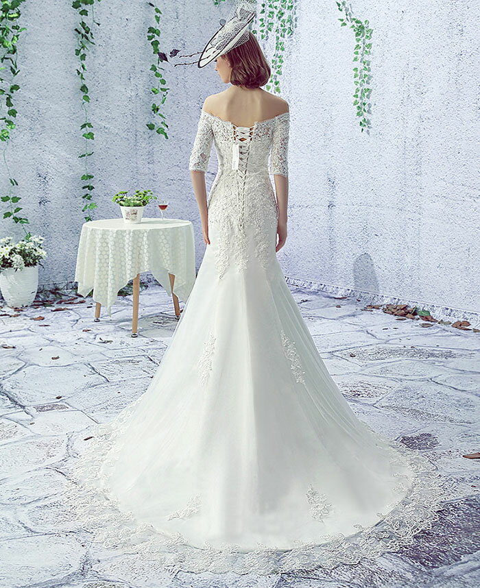 マーメイドドレス マーメイドラインドレス ウェディングドレス オフショルダー 花嫁 結婚式 マーメードライン ウエディングドレス ロングドレス 二次会ドレス ブライダル 披露宴 5分袖 前撮り 海外挙式 エレガント 細身 小さいサイズ セクシー オーダーメイド可能