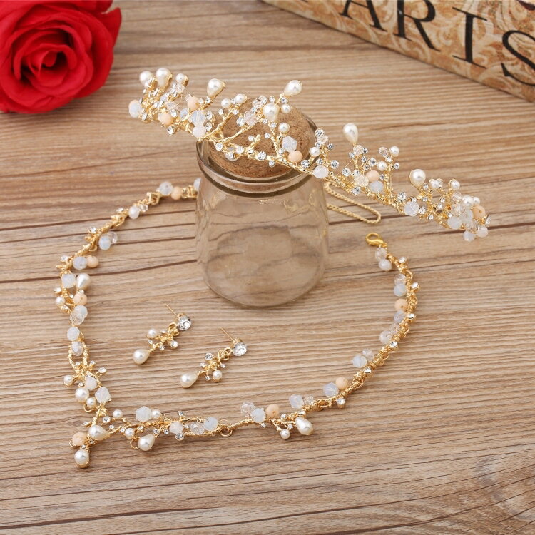 【P5倍★BLACK FRIDAY限定】即納 ティアラ ネックレスセット パーティーアクセサリー イヤリング ピアス ゴールド 金色 ビーズ 演奏会 発表会 舞...