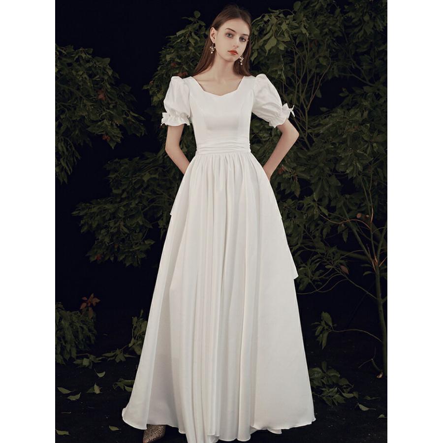 【P5倍★BLACK FRIDAY限定】ウエディングドレス 結婚式 ウェディングドレス オフホワイト 花嫁 二次会ドレス ロングドレス ブライダル 披露宴 海外挙式 前撮り Aラインドレス 半袖 サテン フリル 披露宴 前撮り ブライダルドレス 海外挙式 オーダーメイド オフホワイト