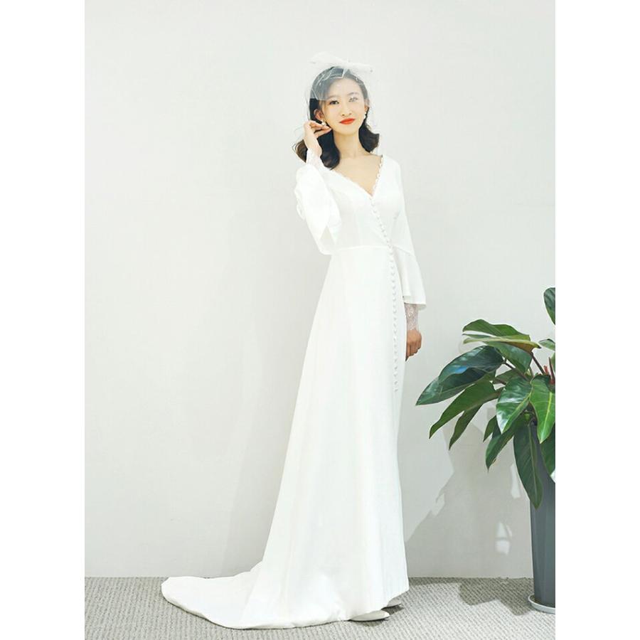 ウエディングドレス 結婚式 ウェディングドレス 花嫁ドレス 二次会 ロングドレス ブライダル 披露宴 海外挙式 前撮り スレンダー 長袖 Vネック トレーン ファスナー 披露宴 前撮り ブライダルドレス 海外挙式 オーダーメイド オフホワイト 5号 7号 9号 11号 13号 15号 17号