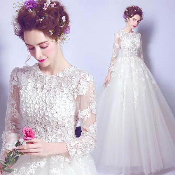 ウエディングドレス 結婚式 長袖 二次会ドレス ウェディングドレス 秋冬 プリンセスラインドレス エンパイア 花嫁 白 オフホワイト 披露宴 ロングドレス ブライダル 大きいサイズ 前撮り 海外挙式 エレガント ボリューム 姫風 ゴージャス 可愛い 上品 優雅 セミオーダー