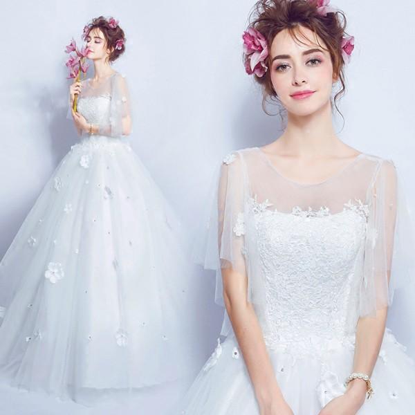ウエディングドレス 結婚式 半袖 二次会ドレス ウェディングドレス プリンセスラインドレス エンパイア 花嫁 白 オフホワイト 披露宴 ロングドレス ブライダル 姫系 wedding dress 前撮り 海外挙式 エレガント ボリューム 姫風 ゴージャス 可愛い 上品 優雅 セミオーダー